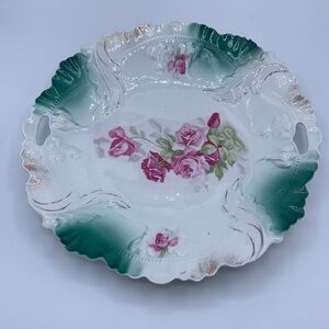 Antique Porcelain Pink Roses Transfer Decal Green & Gold Accents Serveware Plate